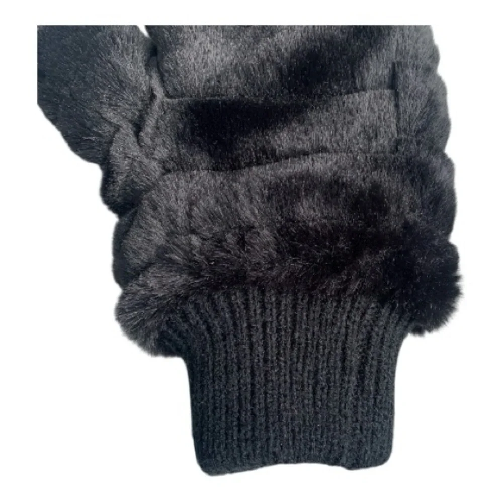 LOFT Black Cable Knit Faux Fur Beanie Hat Matching Faux Fur Mittens Fleece Lined